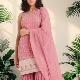 PARROT CREATION Women Embroidered Regular Sequinned Kurti with Sharara & Dupatta-image-60