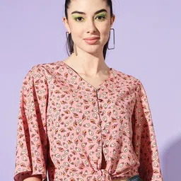 Moda Rapido Floral Print Flared Sleeve Crepe Wrap Crop Top-image-20
