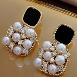 DressBerry Gold Plated Artificial Stones And Beads Studded Square Shaped Drop Earrings-22