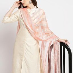 Dupatta Bazaar Peach-Coloured & Silver-Toned Striped Organza Dupatta image 4