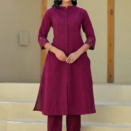 KALINI Women Ethnic Motifs Embroidered Regular Mirror Work Pure Cotton Kurta with Trousers-picture-23