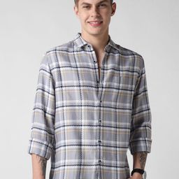 VASTRADO Men Fossil Grey Diamond Jacquard Checkered Shirt-image-24