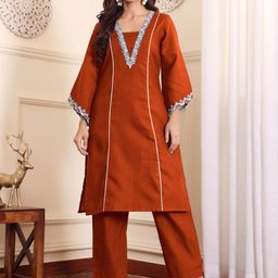 Varanga V-Neck Embroidered Thread Work Straight Kurta With Trousers-41