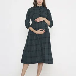 NIGHTSPREE Women Checked Shirt Collar Slits Maternity Fit & Flare Midi Dress-image-93