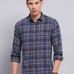 Monte Carlo Men Spread Collar Tartan Checked Cotton Casual Shirt-image-44