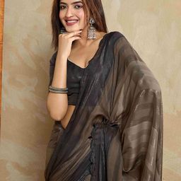Ethnielle Striped Beads and Stones Pure Chiffon Saree-28