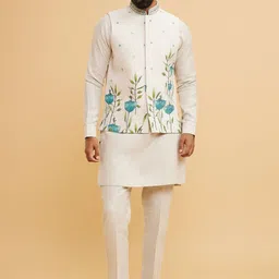 Twamev Men Embroidered Regular Sequinned Linen Kurta with Trousers & Nehru Jacket-image-12