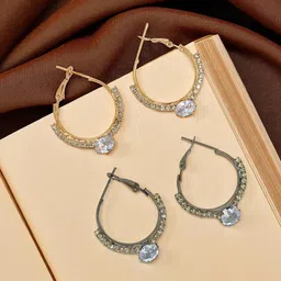 FEMMIBELLA Set Of 2 Silver Plated CZ Studded Circular Shaped Hoop Earrings-image-37