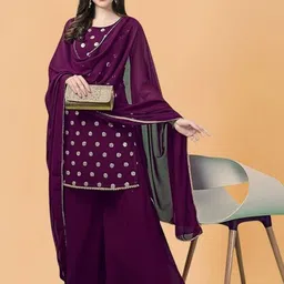 PARROT CREATION Geometric Embroidered Sequinned Georgette Kurti with Sharara And Dupatta-58