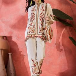 Sangria Embroidered Top & Straight Trousers Co-Ord Set-40