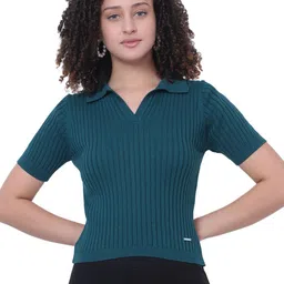 God's Club Women Striped Regular Fit Polo Collar T-shirt-picture-30