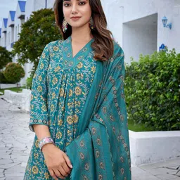 ODETTE Floral Printed V-Neck A-Line Kurta With Trousers & Dupatta image 3