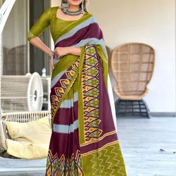 Anouk Striped Mirror Work Pure Cotton Half and Half Block Print Saree-14
