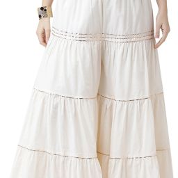 Women Relaxed Cream Cotton Blend Trousers-image-3