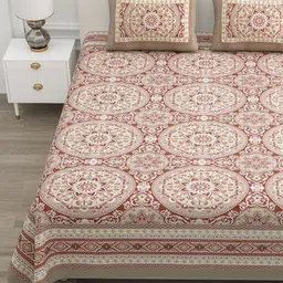 ATARAH Brown & White Ethnic Motifs 144 TC Queen Bedsheet with 2 Pillow Covers-picture-45