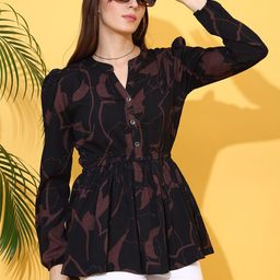De La Moda Floral Print Mandarin Collar Crepe Top-image-62