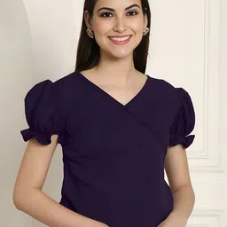 Mast & Harbour Solid Puff Sleeve Regular Crop Top-picture-3
