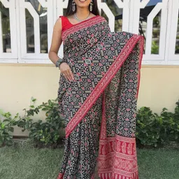 HERE&NOW Ajrak Block Pure Cotton Block Print Saree image 4