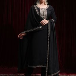 Vishudh Floral Embroidered Sequinned Round Neck Straight Kurta with Palazzos & Dupatta-11