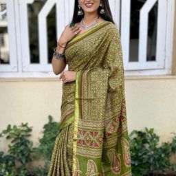 HERE&NOW Ajrak Block Zari Pure Cotton Designer Block Print Saree image 4