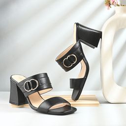 MIORAH Textured Leather Block Sandals Heels-8
