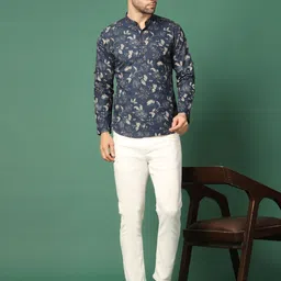 Sangria Blue Floral Printed Band Collar Regular Pure Cotton Straight Kurta-picture-51