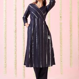 Globus Woven Design V-Neck Drawstring Tassel Detail A-Line Kurta & Pants Festive Set-40