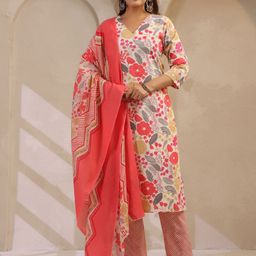 Anouk Rustic Floral Printed V-Neck Pure Cotton Straight Kurta With Trousers & Dupatta-picture-47
