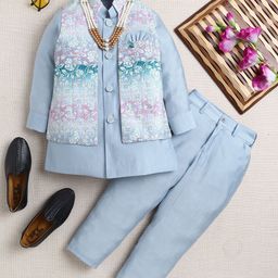 ahhaaaa Boys Mandarin Collar Straight Kurta With Pyjamas & Nehru Jacket-image-51