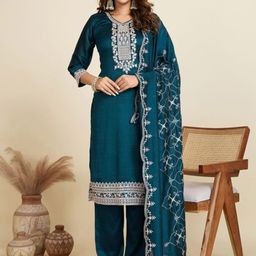 MISS CLOTHING Ethnic Motifs Yoke Design V-Neck Sequinned Kurta With Trousers & Dupatta-image-79