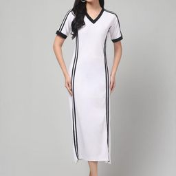 clobug Women V-Neck Striped Cotton T-shirt Midi Dress-image-16