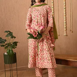 Anouk Floral Printed V-Neck Angrakha Pure Cotton Anarkali Kurta With Trouser And Dupatta-87