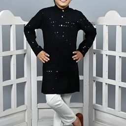 Qtsy Boys Floral Embroidered Band Collar Sequinned Pure Cotton Kurta With Trousers-55