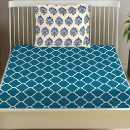 Trance Home Linen Blue & White Geometric 200 TC Single Bedsheet with 1 Pillow Covers-image-35