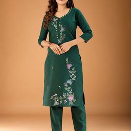 Lerkiza Women Floral Embroidered Regular Thread Work Kurta with Trousers-56