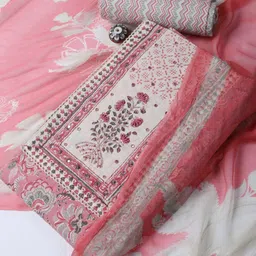 Meena Bazaar Floral Printed Mirror Work Unstitched Dress Material-image-5