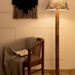green girgit Brown & Blue Floral Printed Frustum Shaped Wooden Floor Lamp-4