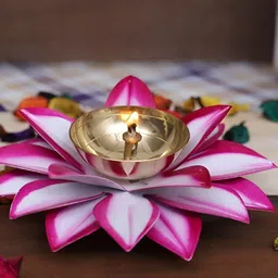 Aura Yellow & Pink Textured Metal Floral Diya-image-32