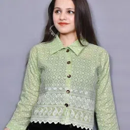 TRENDY ERA Floral Self Design Mandarin Collar Cotton Shrug-29