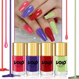 VOLO Set Of 4 Shine Pro Nail Polish- 9.9ml Each- Gray Purple-Carrot Red-Parrot Green-23