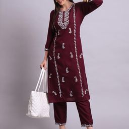Angkor Women Floral Embroidered Regular Chikankari Pure Cotton Kurta with Trousers-23