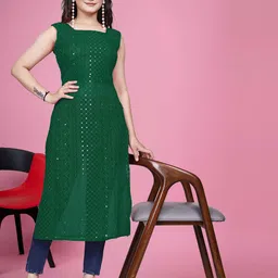 PARROT CREATION Paisley Chikankari Sequinned Square Neck Sleeveless Straight Kurta-image-99