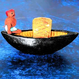 PujaNPujari Brown & Black Clay Boatman On Boat Figurine Showpiece-50