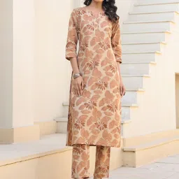 Janasya Women Floral Printed Regular Gotta Patti Pure Cotton Kurta with Trousers-55