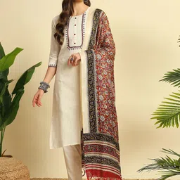BHUMIKA CREATION Ethnic Motifs Embroidered Round Neck A-Line Kurta with Trousers & Dupatta-image-2