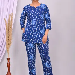 DHANOTA Women Blue Three-Quarter Sleeves otton Printed Night suit-picture-31