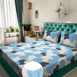 KLOTTHE Blue Abstract Printed 300 TC Pure Cotton Fitted Double Bedsheet Set 2.50 x 2.25 m-17