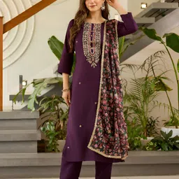 Brand Hill Ethnic Motifs Embroidered Sequinned Kurta With Trousers & Dupatta-image-65