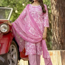 Fashion Basket Floral Printed Cotton Silk Straight Kurta With Trousers & Dupatta-image-100
