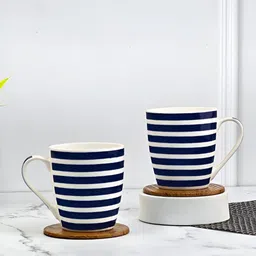 UPC Navy Blue & White 2 Pieces Striped Printed Dishwasher Safe Ceramic Glossy Mugs-30